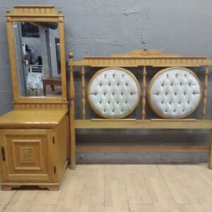 Wooden Headboard with Tufted Padded Inserts & Matching Bedside/Vanity Cabinet with Mirror (Set