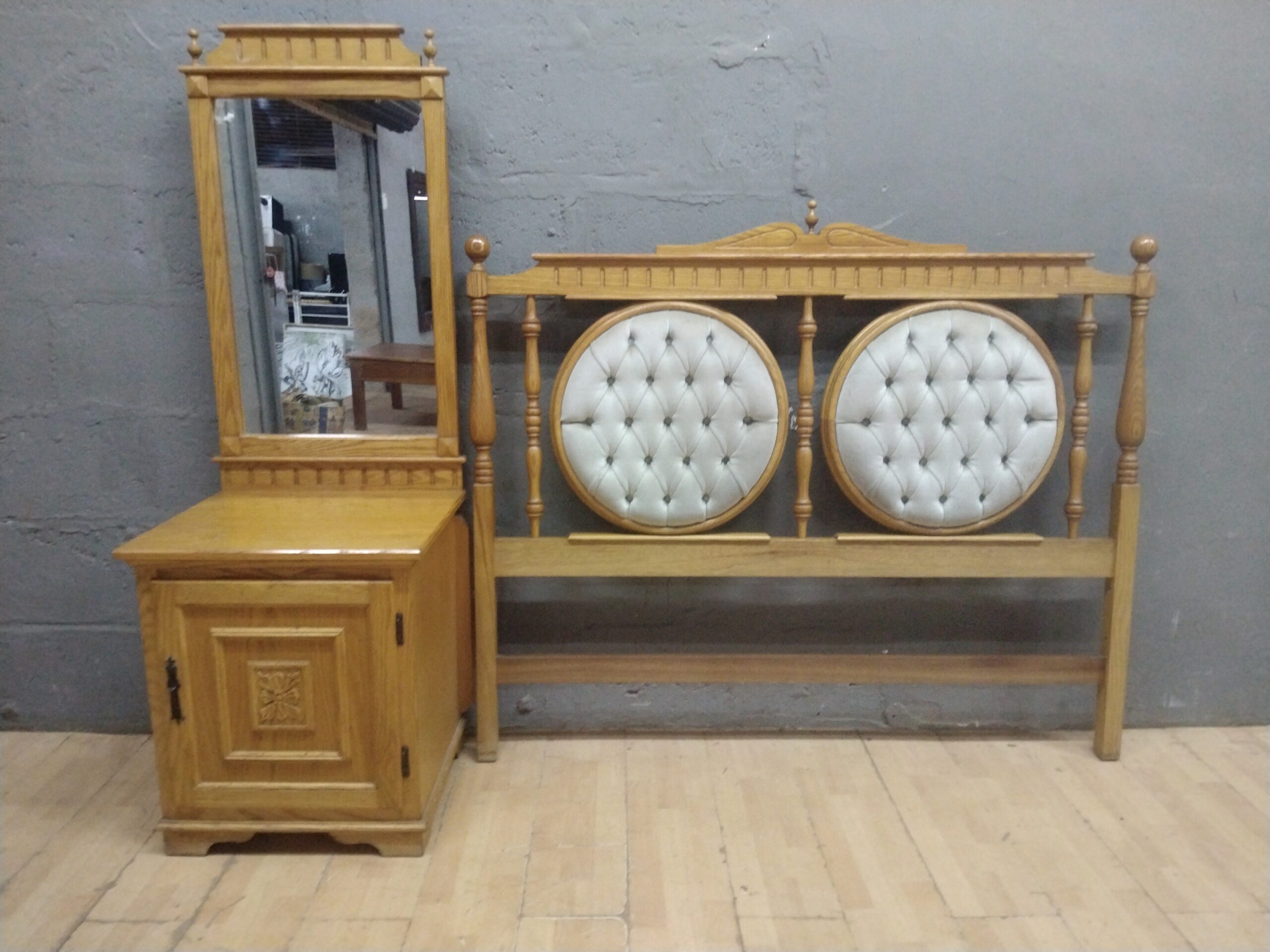 Wooden Headboard with Tufted Padded Inserts & Matching Bedside/Vanity Cabinet with Mirror (Set