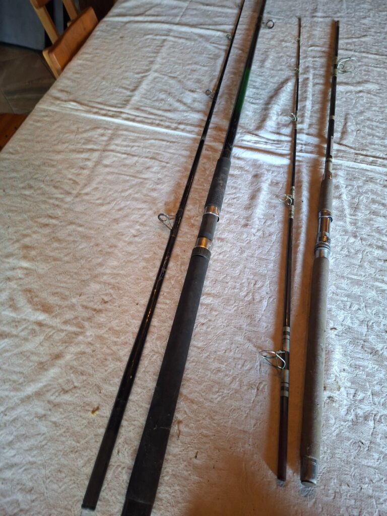 Lot of 2 Multi‑Piece Fishing Rods – 10ft+ approx, used with scuffs, worn grips & some guide corrosion