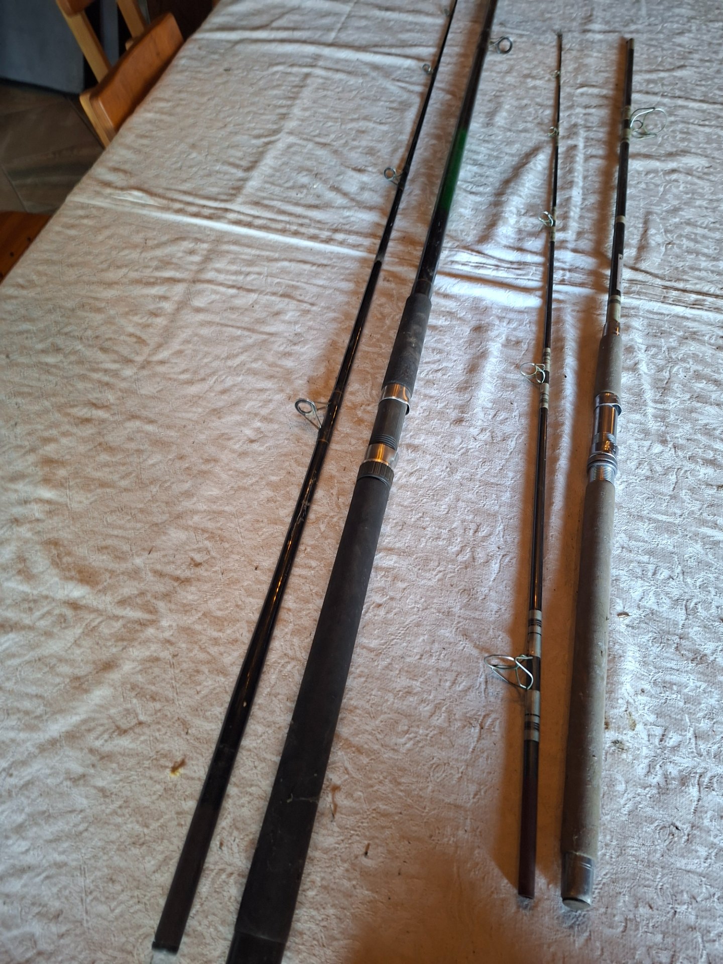 Lot of 2 Multi‑Piece Fishing Rods – 10ft+ approx, used with scuffs, worn grips & some guide corrosion