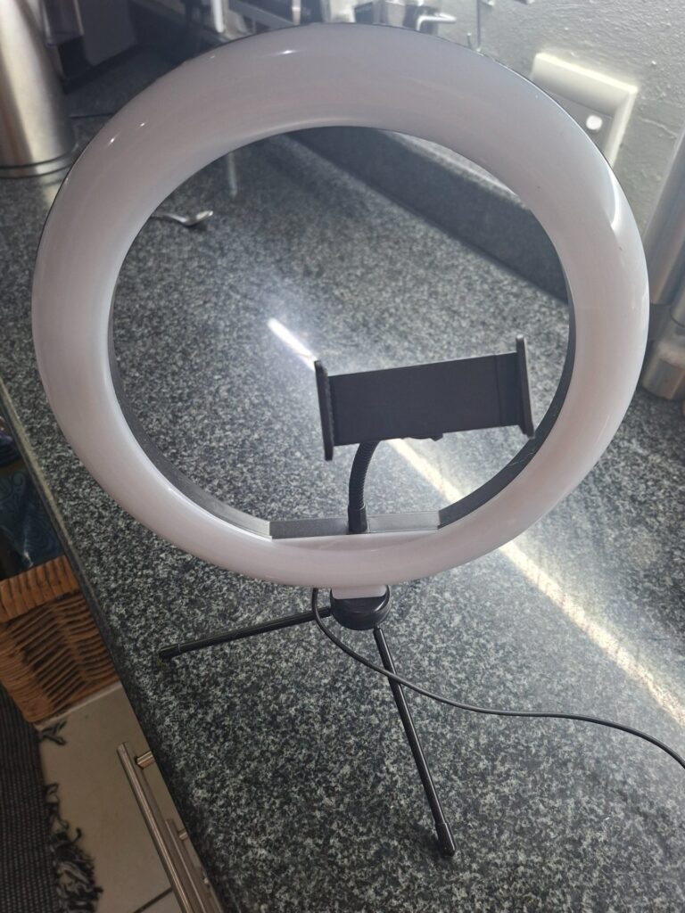 Unbranded LED Ring Light on Mini Tripod with Phone Holder & USB Cable — Powers On, Tested