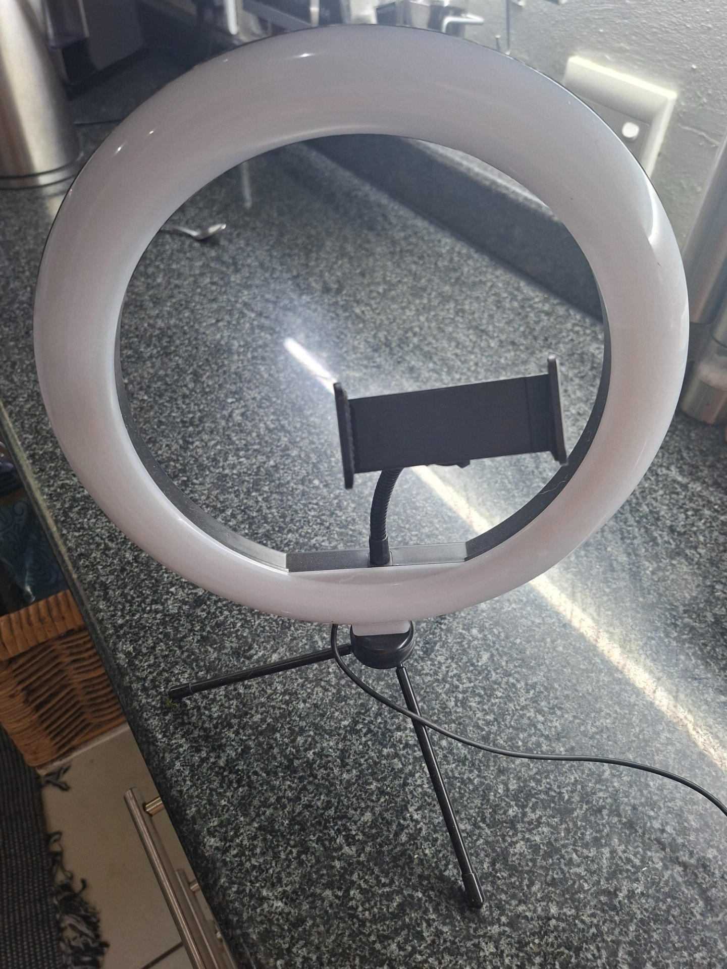 Unbranded LED Ring Light on Mini Tripod with Phone Holder & USB Cable — Powers On, Tested