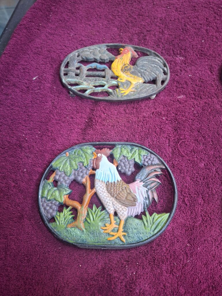 Lot of 4 Cast-iron Rooster Painted Trivets / Hot-pot Stands — approx 18–20 cm