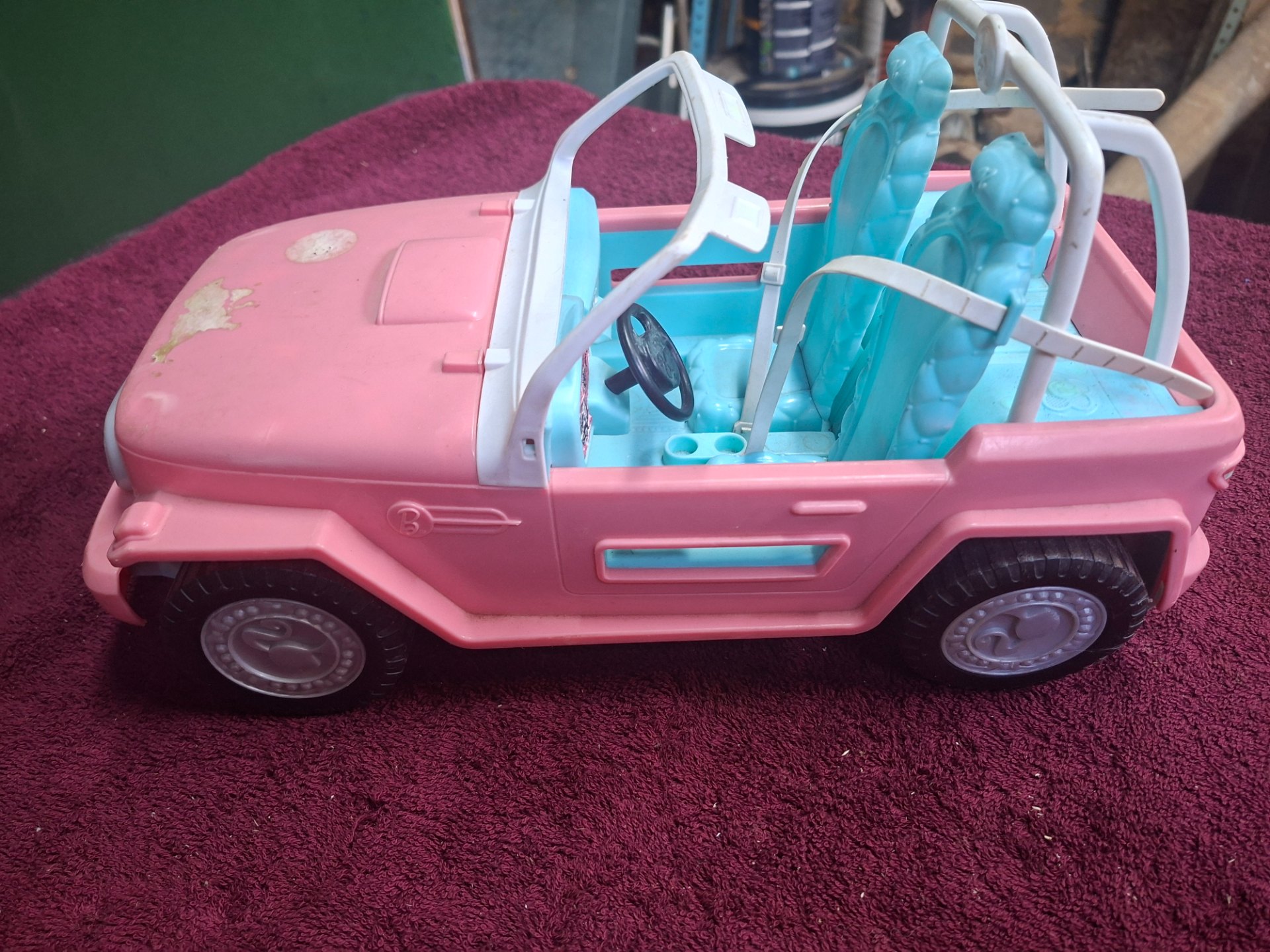Original Barbie jeep — Pink & Blue Convertible Toy Jeep (used, cosmetic wear)