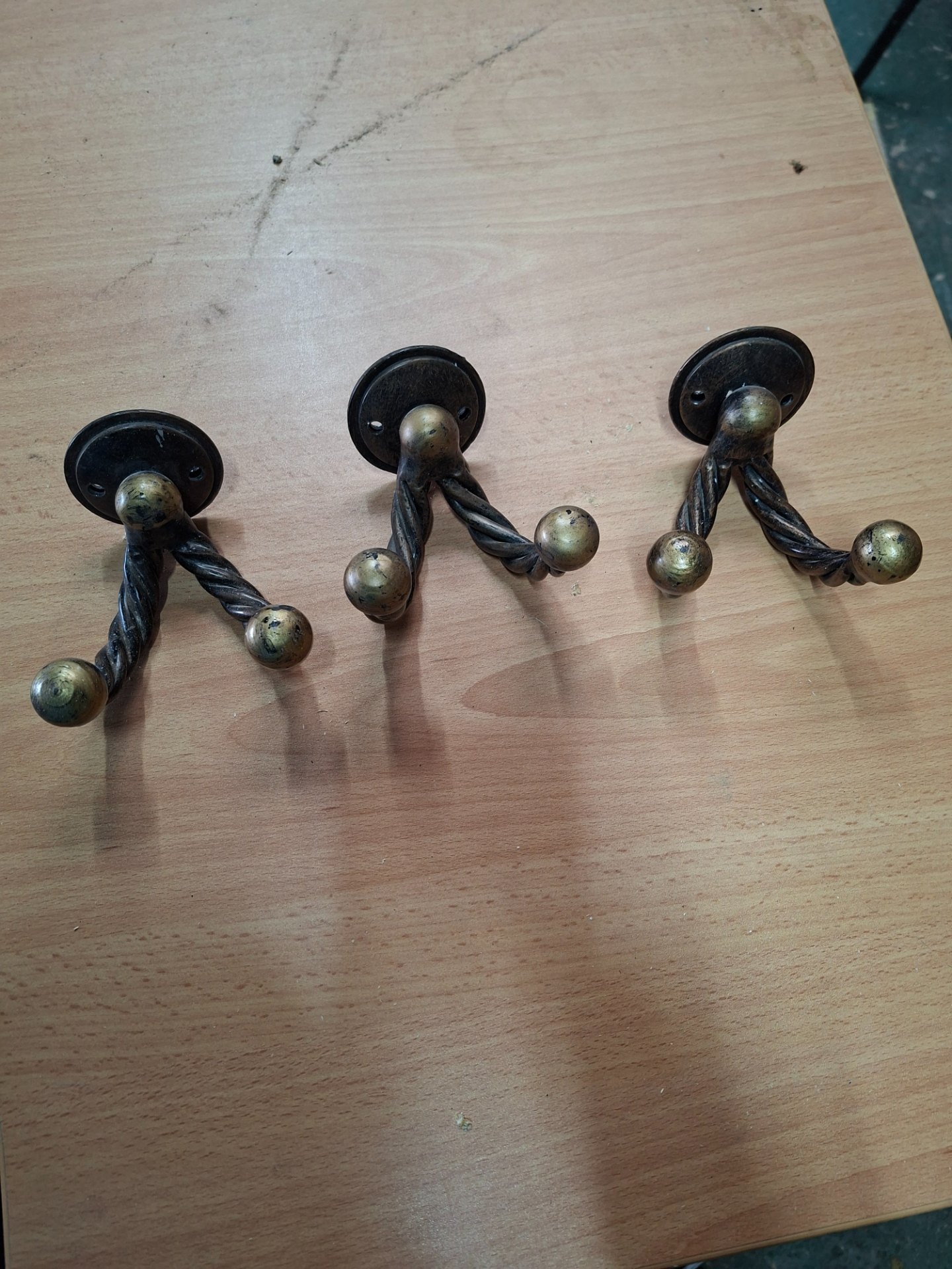Set of 3 Twisted Double‑Arm Wall Hooks — Solid steel with worn brass‑tone finish