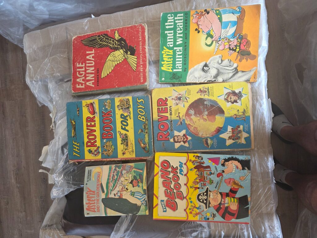 Bulk Lot of 6 Vintage Annuals & Comic Books: Eagle Annual No. 1, Asterix, Rover, Beano (Worn Condition)