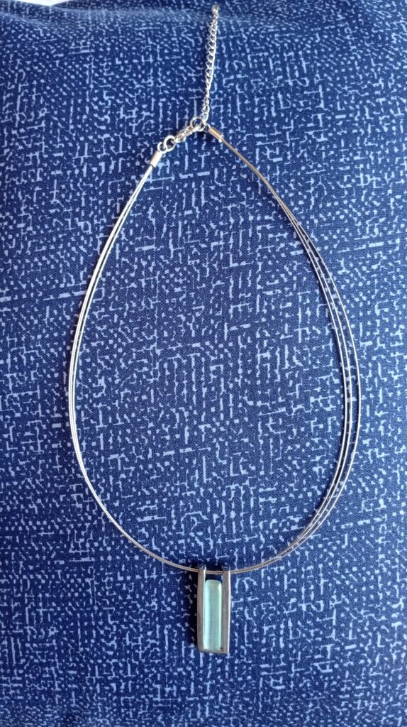 Silver-toned Multi-Strand Cable Chain Necklace with Rectangular Light Blue-Green Pendant