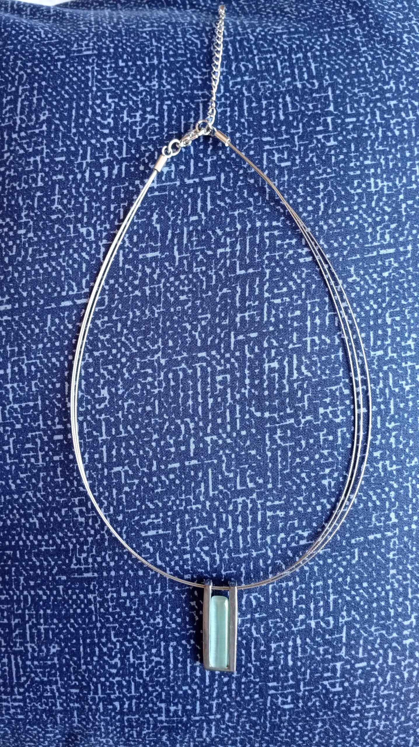 Silver-toned Multi-Strand Cable Chain Necklace with Rectangular Light Blue-Green Pendant