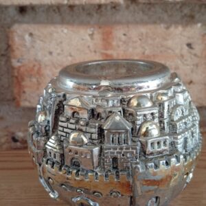 Small Silver-Toned Tea Light Candle Holder with Jerusalem Cityscape Motif