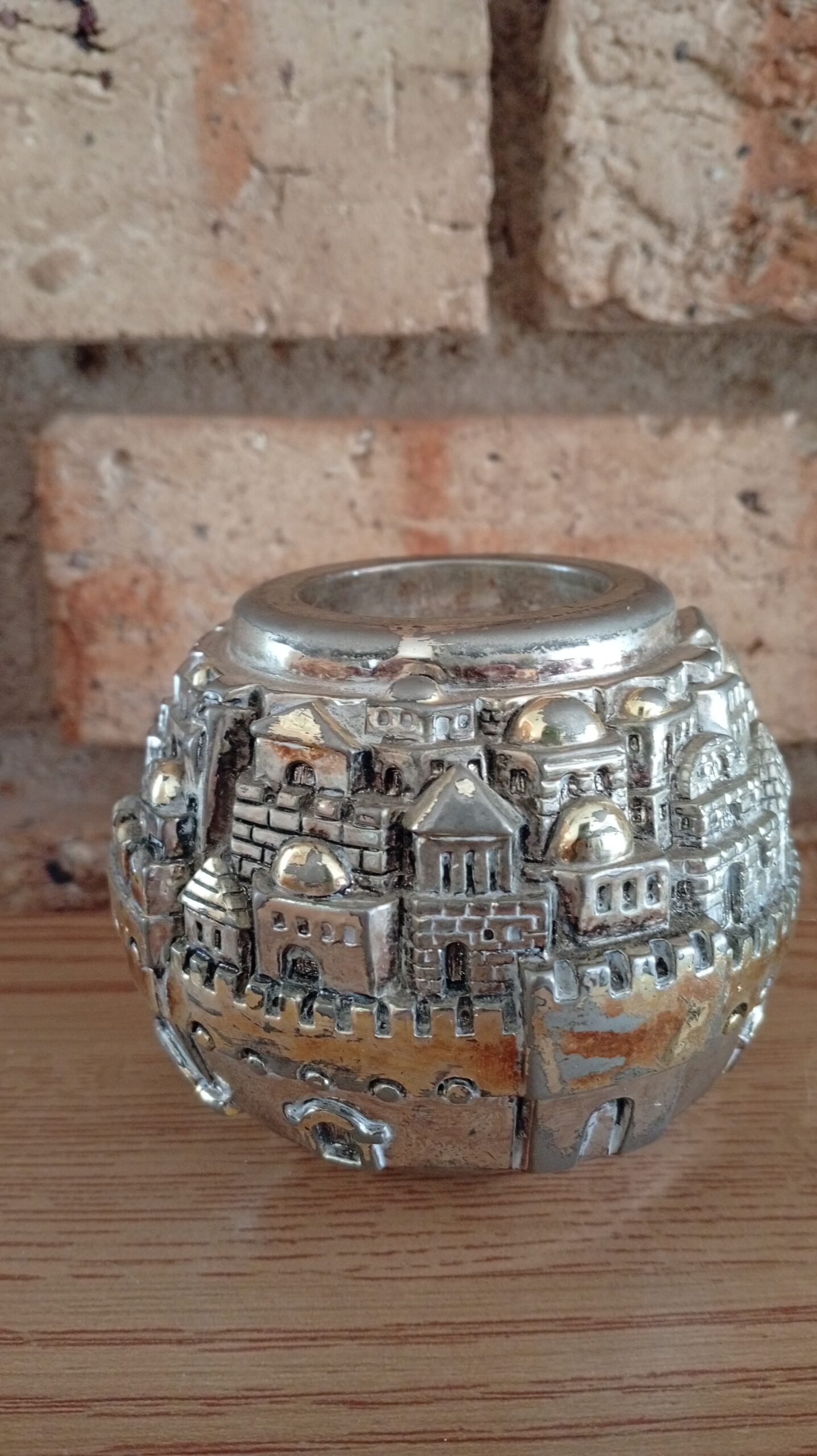 Small Silver-Toned Tea Light Candle Holder with Jerusalem Cityscape Motif