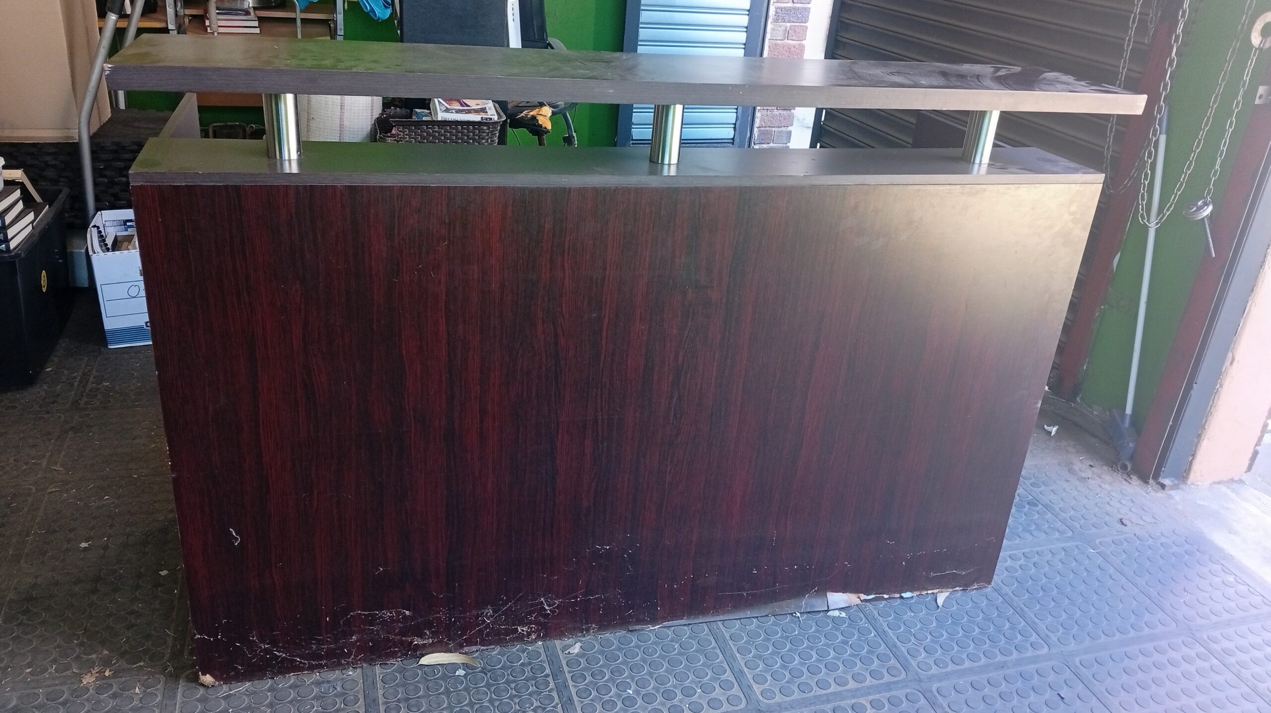 Mahogany-colour Laminated Reception Desk with Raised Counter Shelf