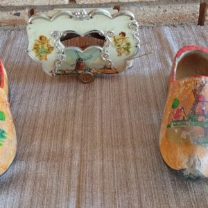Decorative Dutch Music Organ with Pair of Painted Wooden Clogs (Lot of 3)