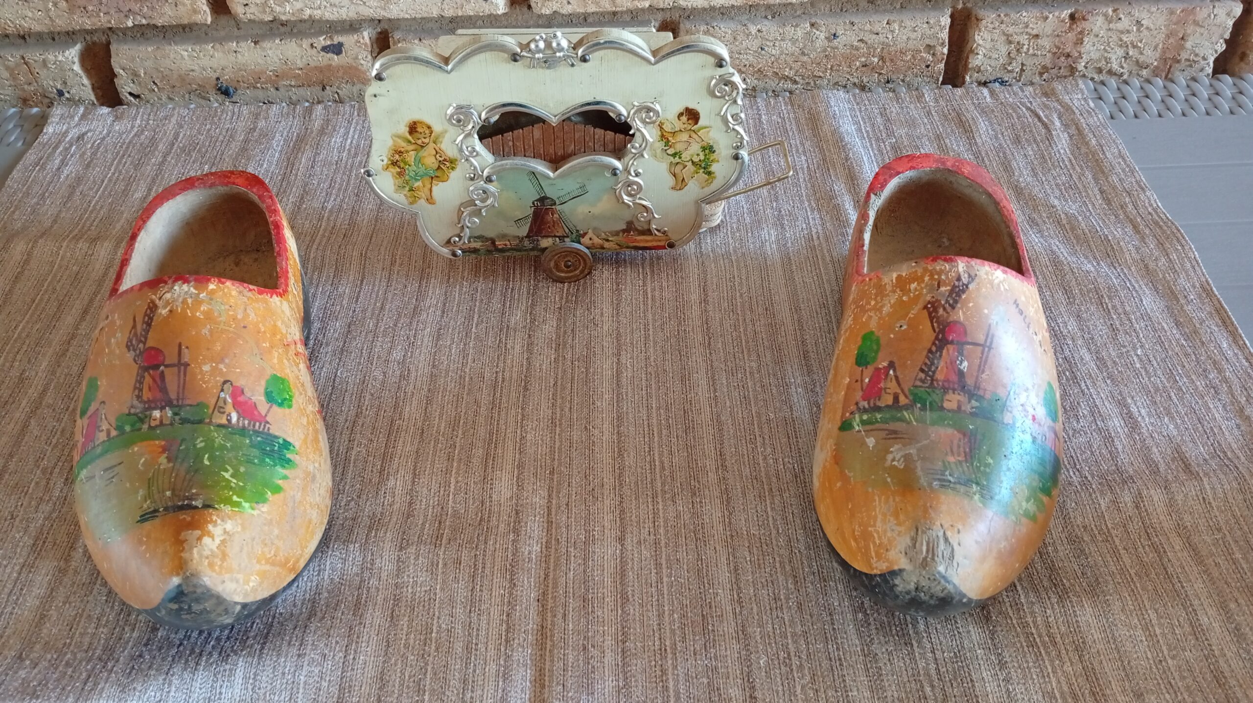 Decorative Dutch Music Organ with Pair of Painted Wooden Clogs (Lot of 3)