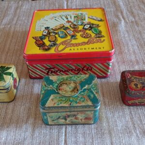 Set of 4 Vintage Metal Tins with Printed Graphics, Lids Included