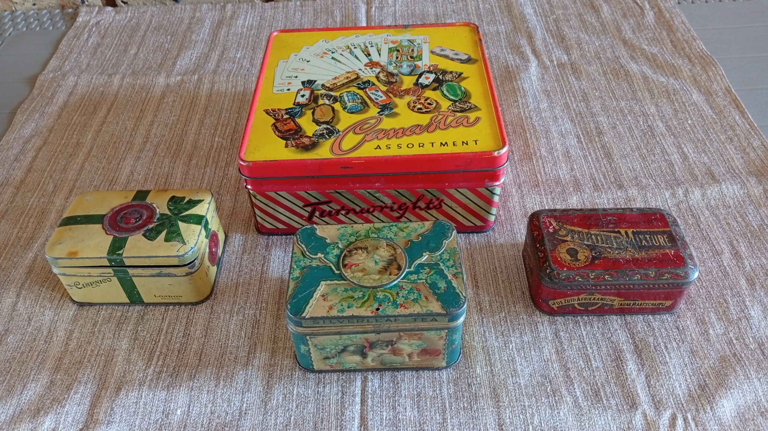 Set of 4 Vintage Metal Tins with Printed Graphics, Lids Included