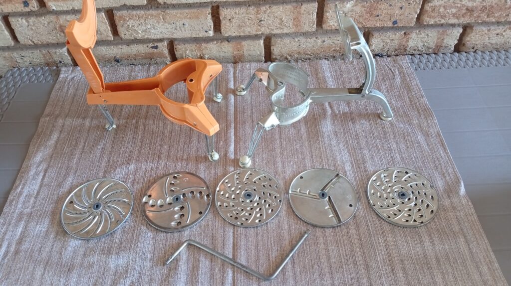 Lot of 2 Vintage Rotary Food Slicers with 5 Discs & Hand Crank