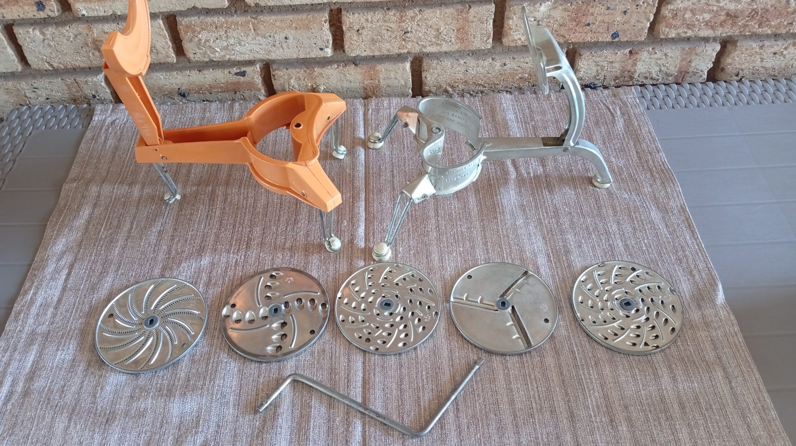 Lot of 2 Vintage Rotary Food Slicers with 5 Discs & Hand Crank
