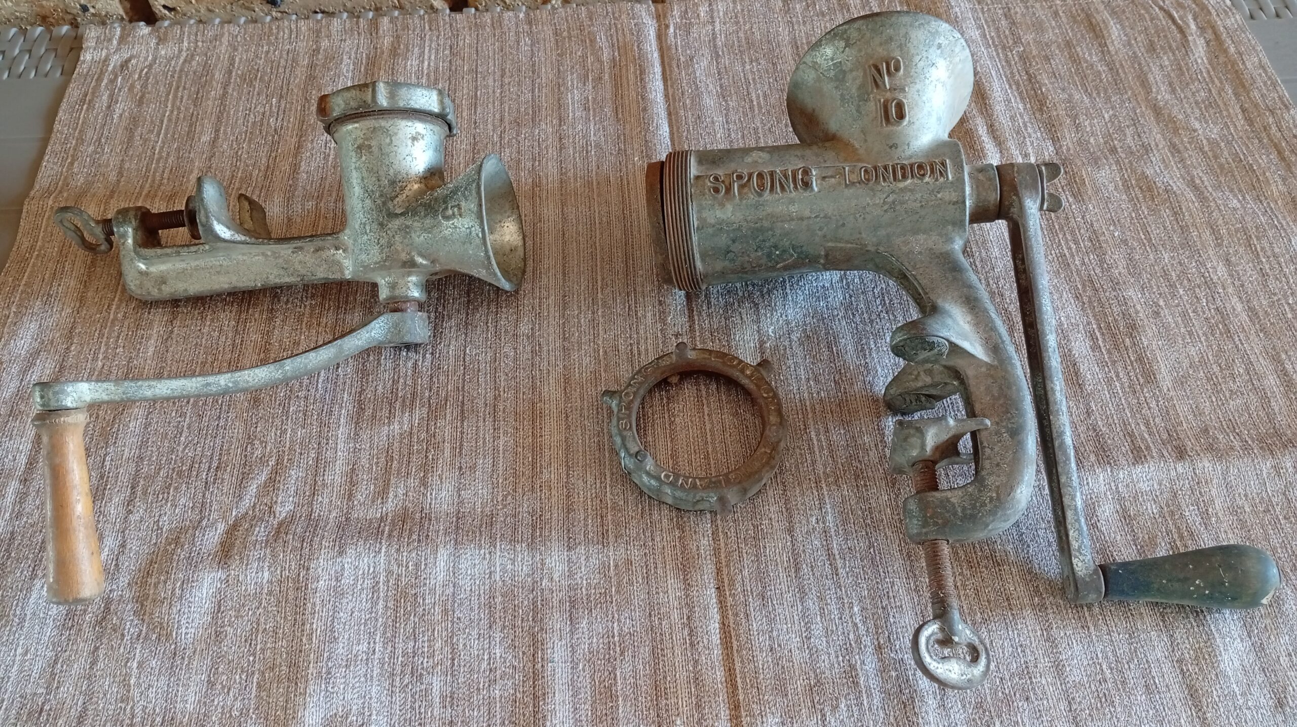 Pair of Vintage Cast-Metal Manual Meat Grinders (SPONG – LONDON)