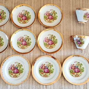 13-Piece Porcelain Tea Set — White with Gilt Trim and Pastoral Scene