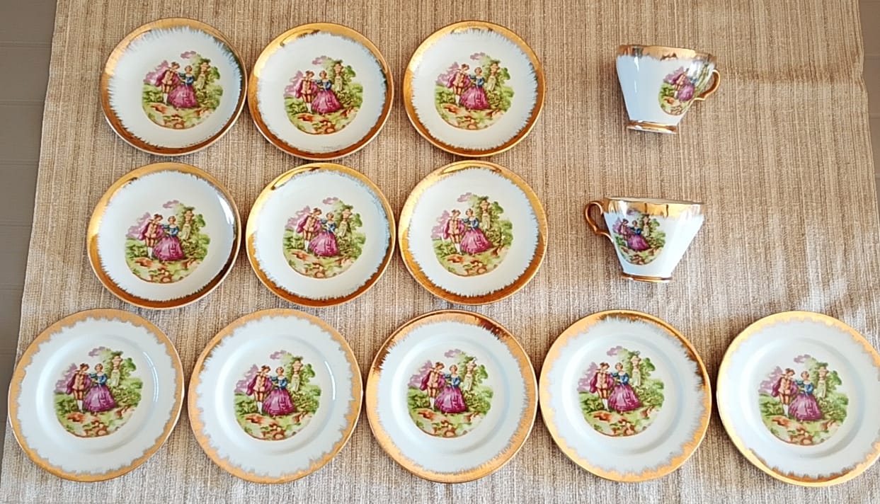 13-Piece Porcelain Tea Set — White with Gilt Trim and Pastoral Scene