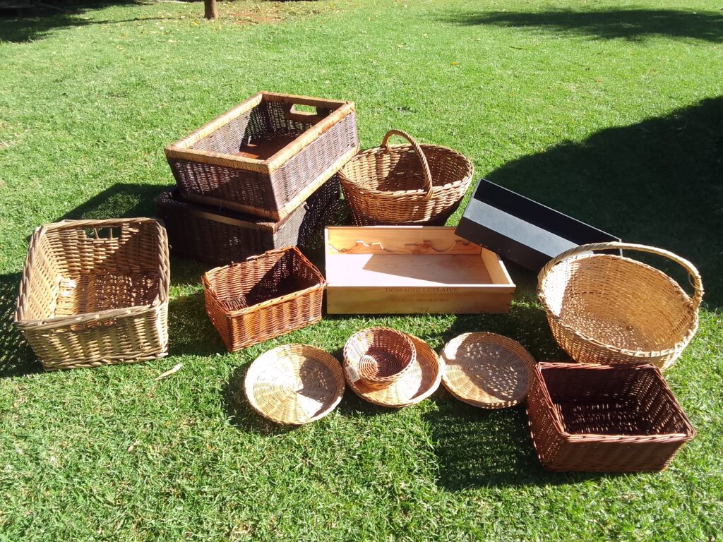 Assorted Woven Baskets, Wooden Crate & Black Tray — Lot of approx. 13 Decorative Storage Items