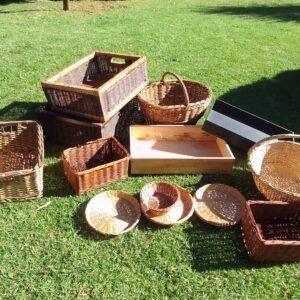 Assorted Woven Baskets, Wooden Crate & Black Tray — Lot of approx. 13 Decorative Storage Items