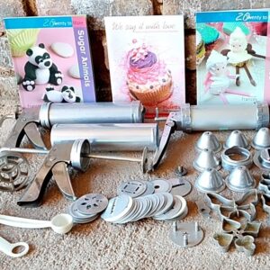 Bundle: Approx. 3 Handheld Cookie Presses with ~30 Discs, Nozzles & 3 Cake-Decorating Books