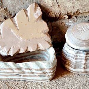 Pair of Banded Lidded Jars — Two Decorative Stone-Effect Containers