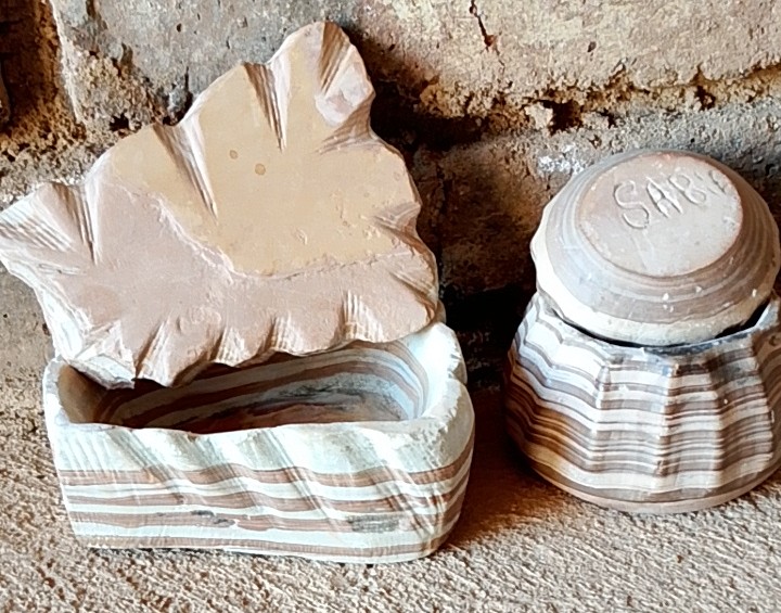Pair of Banded Lidded Jars — Two Decorative Stone-Effect Containers