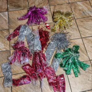 Bundle of Party Tinsel / Foil Decorations with Small Santa Ornament (12–15pcs approx)
