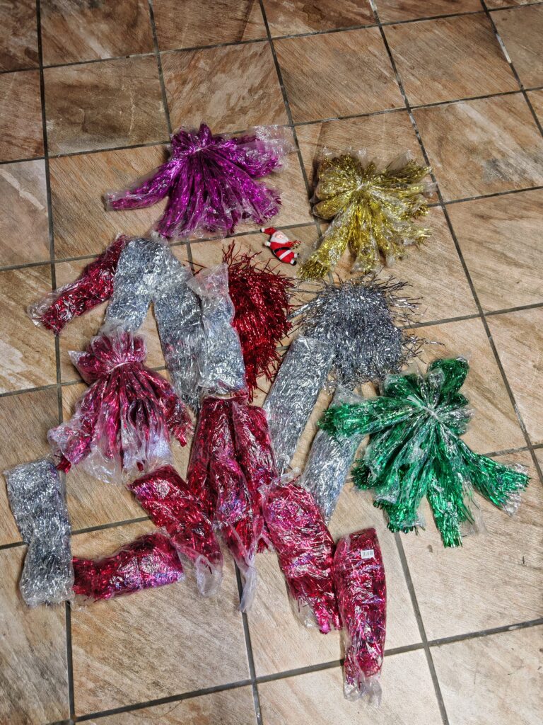 Bundle of Party Tinsel / Foil Decorations with Small Santa Ornament (12–15pcs approx)