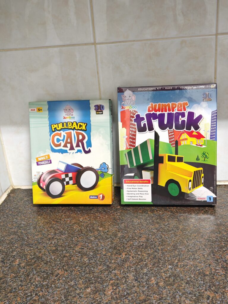 Lot of 2 Jumboo 3D Paper Craft Kits – Pullback Car & Dumper Truck (boxed)