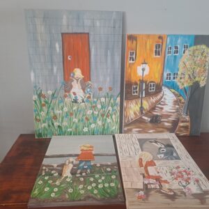 Lot of 4 Stretched Canvas Paintings — Mixed Scenes, Painted Fronts Intact