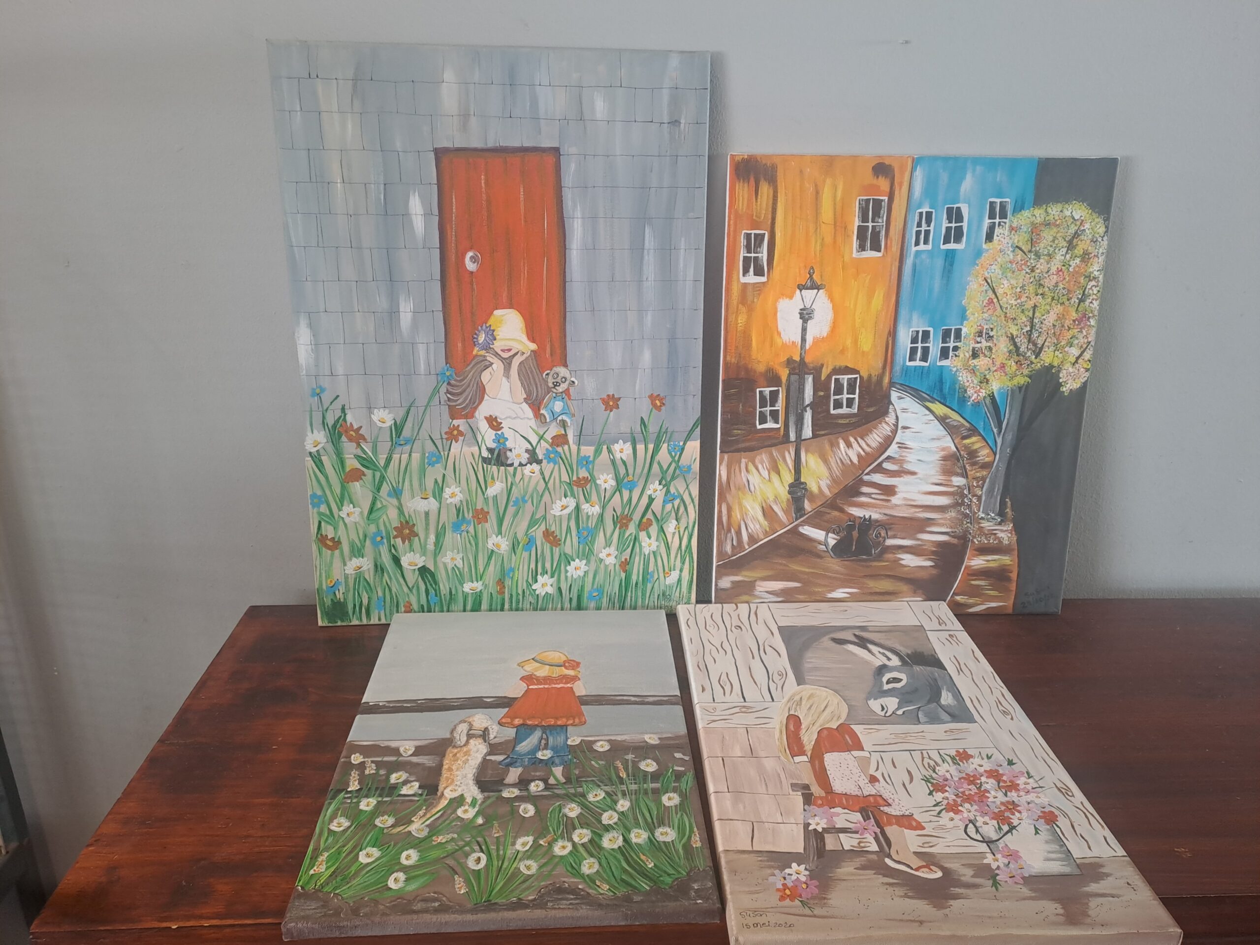 Lot of 4 Stretched Canvas Paintings — Mixed Scenes, Painted Fronts Intact