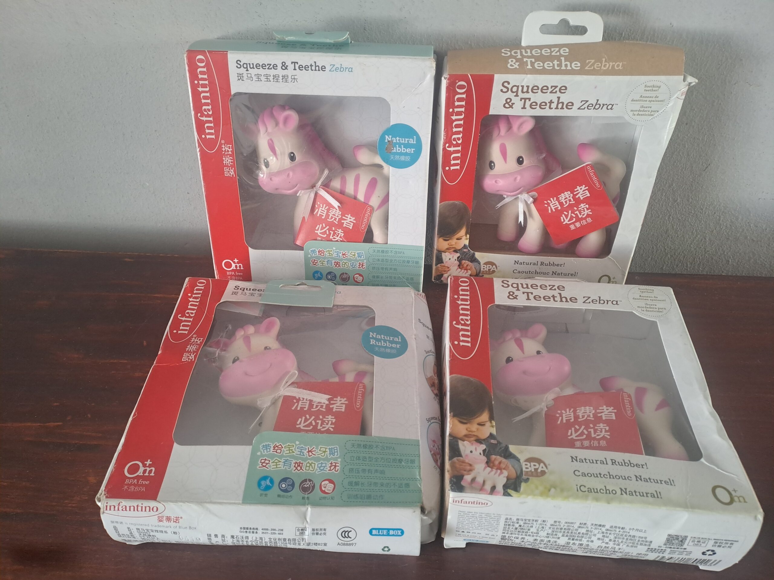 Set of 4 Infantino Squeeze & Teethe Zebra Infant Teethers (Boxed)