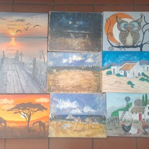 Lot of 9 Stretched Canvas Paintings – Mixed Subjects, Small–Medium
