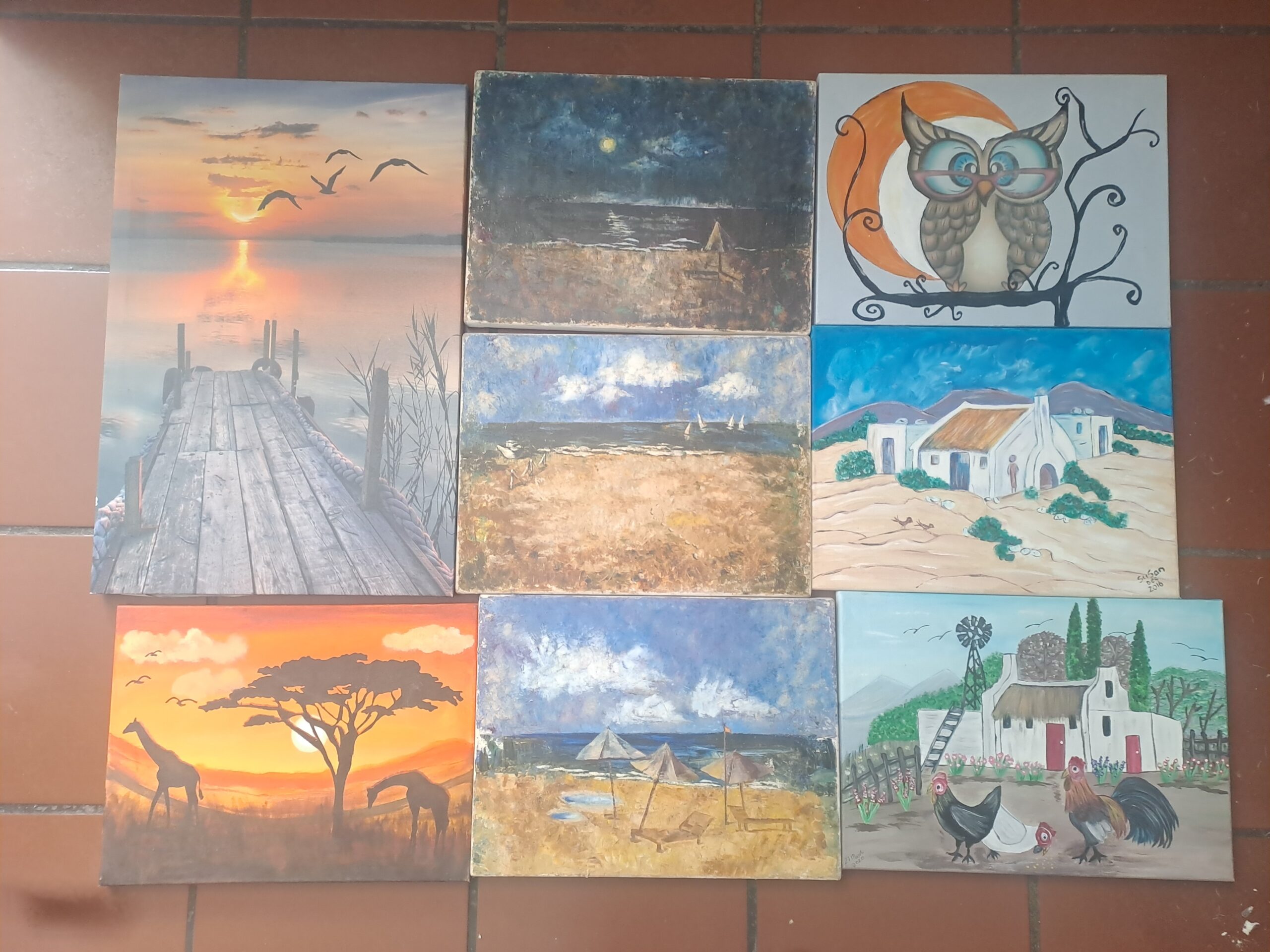 Lot of 9 Stretched Canvas Paintings – Mixed Subjects, Small–Medium