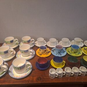 Assorted teacups & saucers mixed lot — approx. 25 pieces, various styles