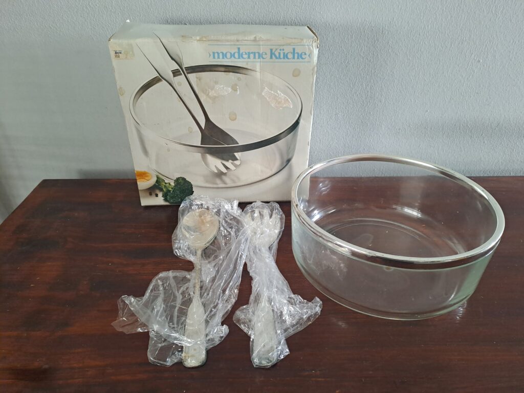 Clear Glass Salad Bowl with Metallic Rim and Pair of Metal Servers (Set of 3)