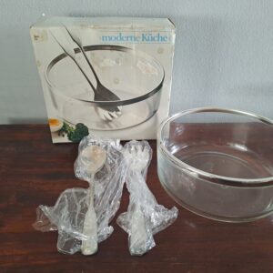 Clear Glass Salad Bowl with Metallic Rim and Pair of Metal Servers (Set of 3)