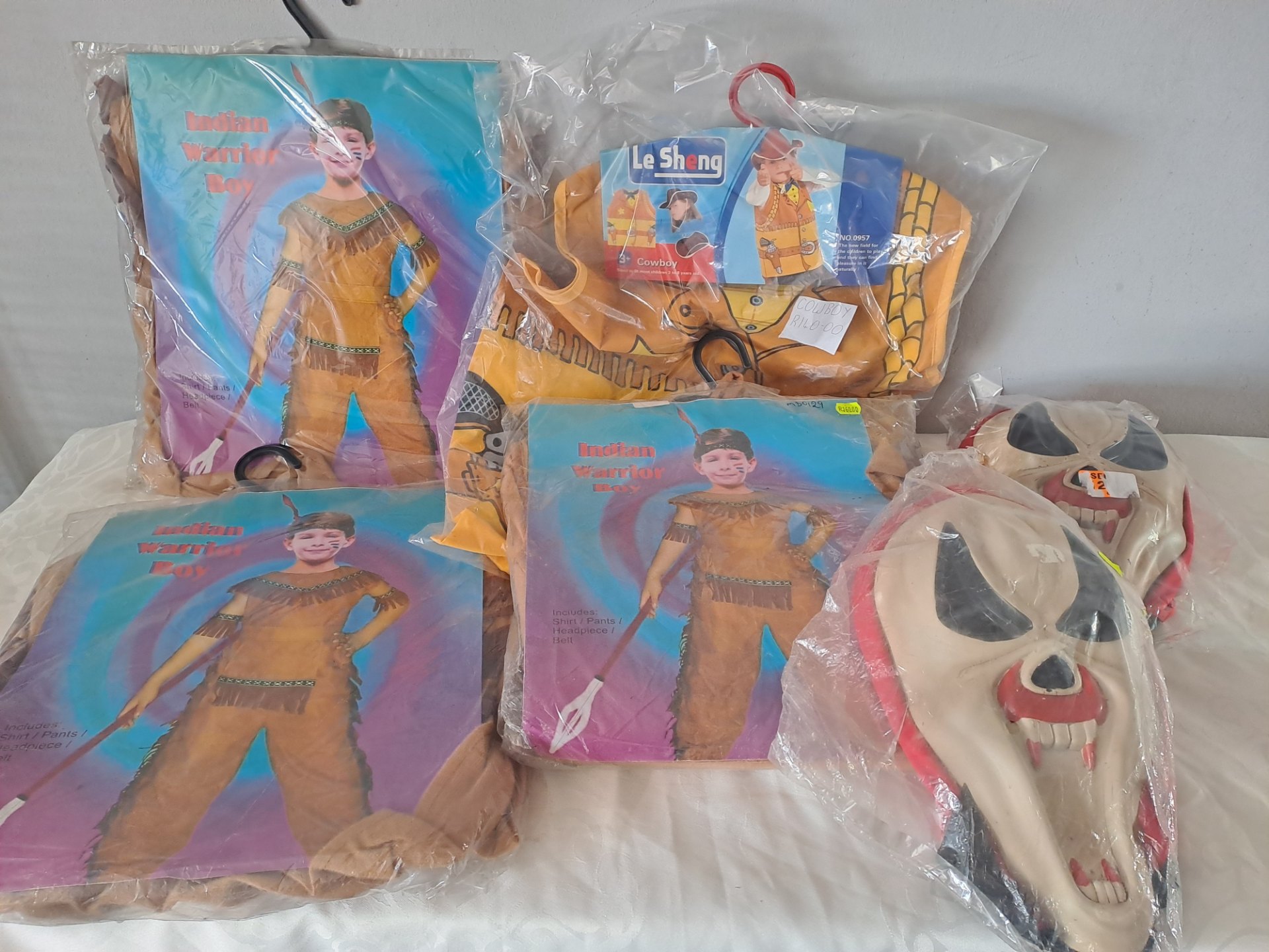 Bulk Lot: 4 New Kids’ Costumes (Indian Warrior Boy & Cowboy) + 2 Scary Masks – Unused in Packaging