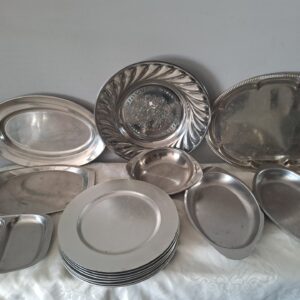 Bulk Lot of 9 Assorted Stainless Steel Serving Trays, Plates & Plastic Underplates