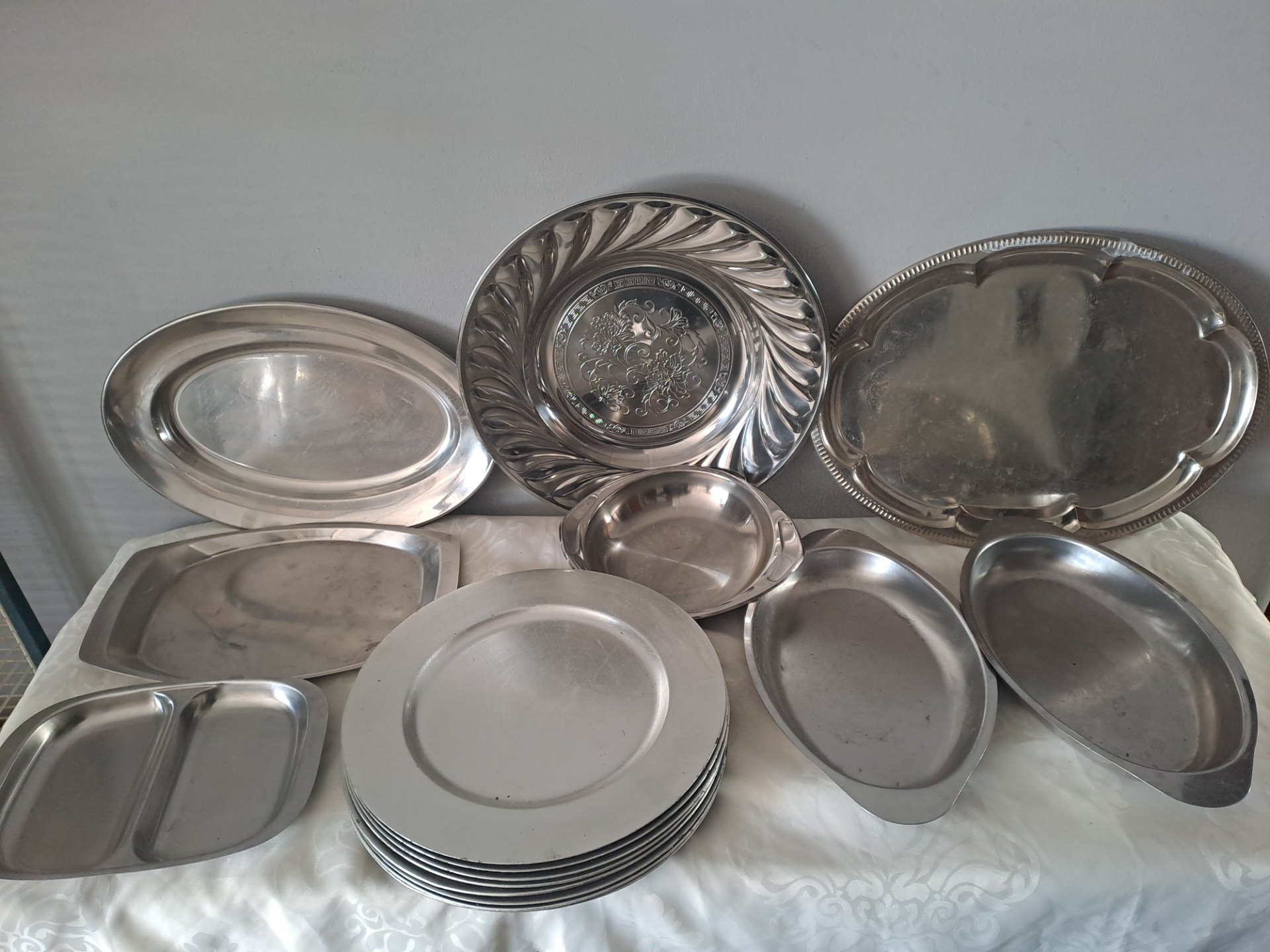 Bulk Lot of 9 Assorted Stainless Steel Serving Trays, Plates & Plastic Underplates