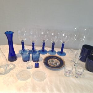 Bulk Lot of 22 Assorted Blue & Clear Glassware, Mugs & Decorative Chokin Plate