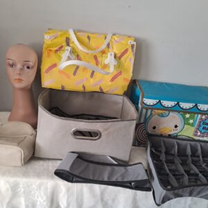 Bulk Lot of 20 Assorted Storage, Display & Organizing Items – Mannequin Head, Bins, Bags & More