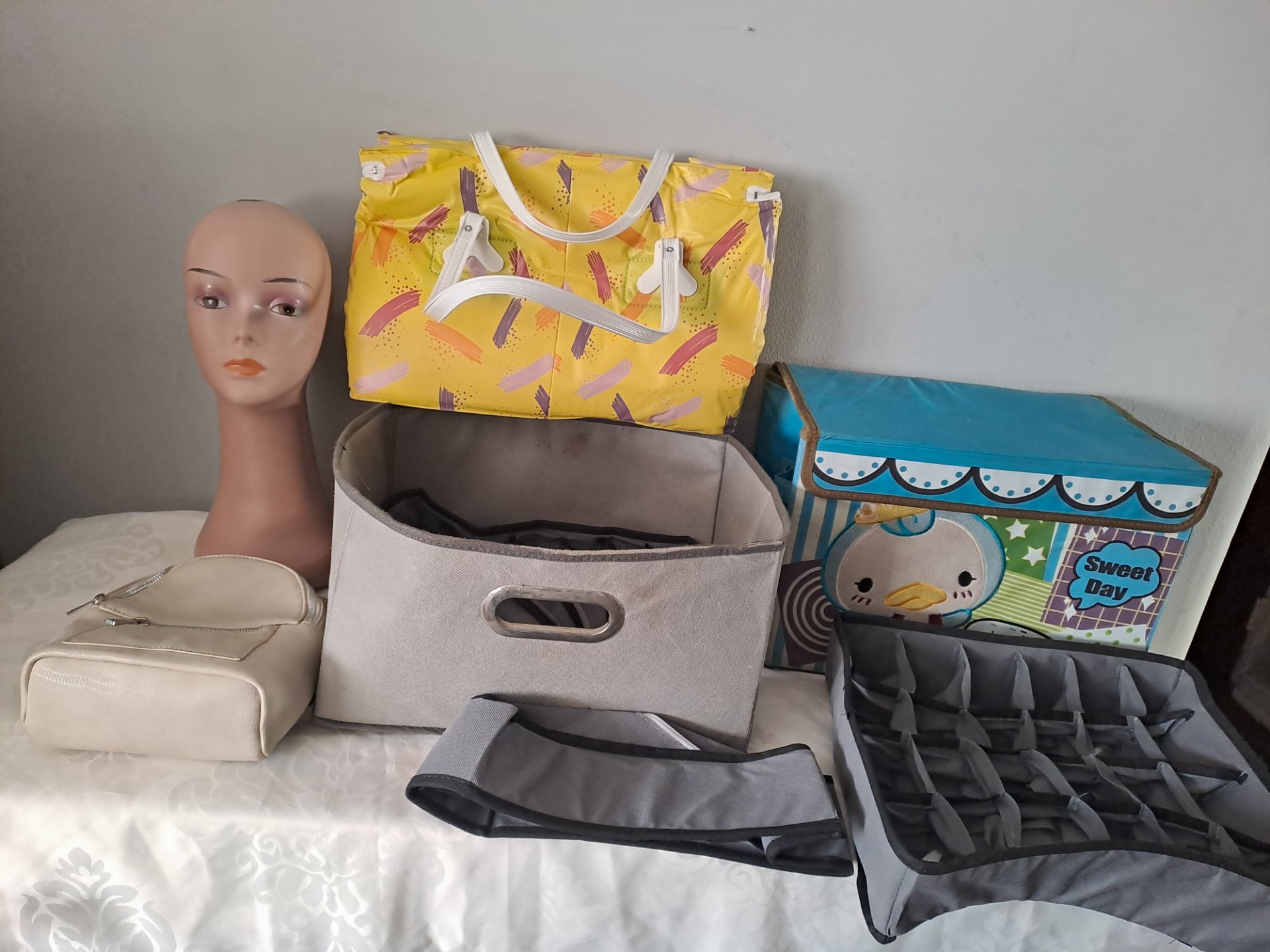 Bulk Lot of 20 Assorted Storage, Display & Organizing Items – Mannequin Head, Bins, Bags & More