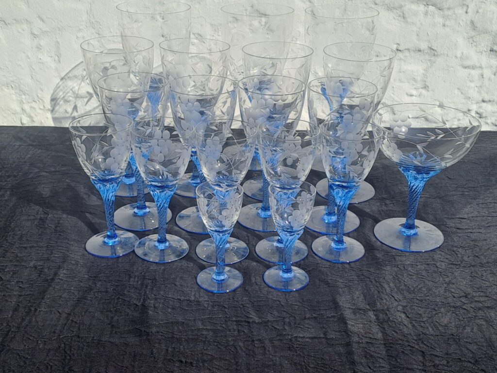 Vintage etched grape crystal glasses with blue twirl stems — 15-piece mixed stemware set