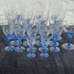 Vintage etched grape crystal glasses with blue twirl stems — 15-piece mixed stemware set