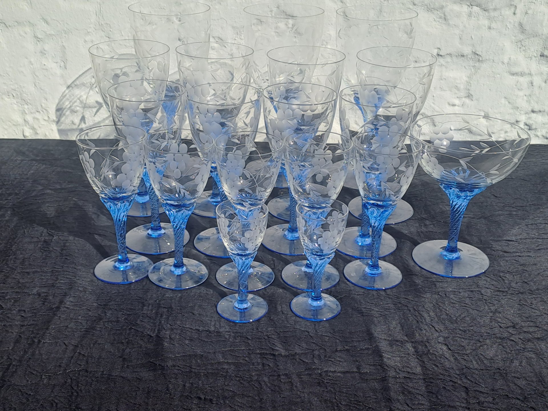 Vintage etched grape crystal glasses with blue twirl stems — 15-piece mixed stemware set