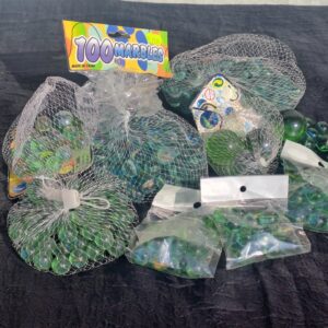 Lot of approx. 300 Green Glass Marbles – New nets & sealed bags (mix of sizes)